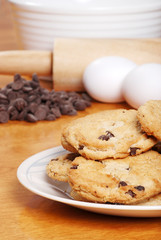 closeup of chocolate chips cookies with ingredients