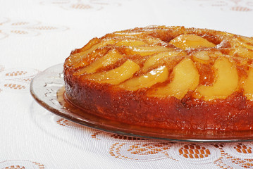 Upside Down Pear Cake On Glass Plate