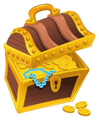 Golden coffer with treasure. Vector and cartoon isolated object. - obrazy, fototapety, plakaty