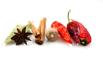 Dried spices on white background