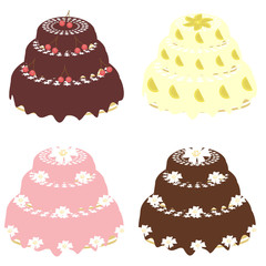 four different cakes on white