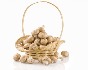 Raw mushrooms in a basket on white