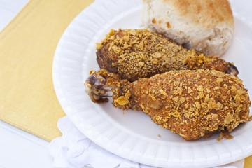Oven fried skinless chicken with fluffy homemade biscuits