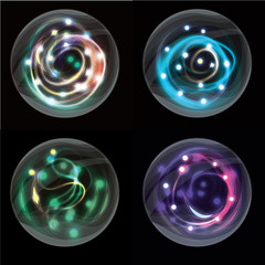 Glass orbs with glowing swirls. EPS10 transparency.