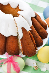 Easter cake and colourful easter eggs