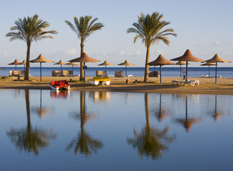 Beach on a sunny day. Hurghada city in Egypt.