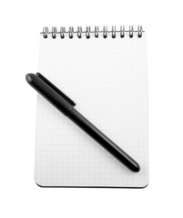 Spiral bound note pad and pen isolated on white