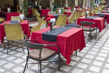 Table and chairs in empty cafe