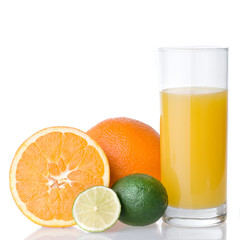 orange juice and orange with lime isolated on white