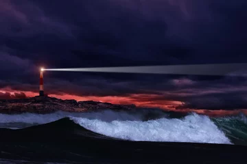Photo sur Plexiglas Phare Lighthouse on the rocks in storm ocean