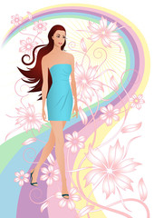 Obraz na płótnie Canvas Beautiful girl against floral background with rainbow