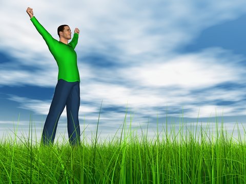 High resolution conceptual 3D human jumping happy in grass