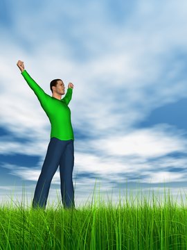 High resolution conceptual 3D human jumping happy in grass