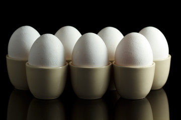 white chicken eggs in egg-cups on black reflecting background