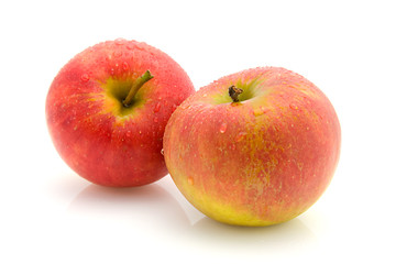 Two juicy apples with water drops over white background