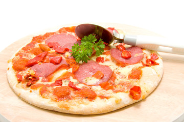 Tasty pizza with salami over white background