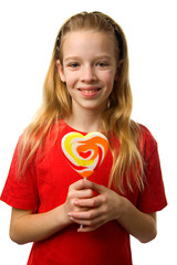 Gril with lollipop over white background