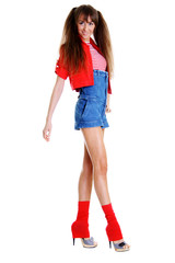 Young very happy gesturing smiling woman, isolated on white