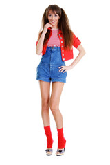 Young very happy gesturing smiling woman, isolated on white