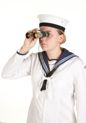 young sailor with binoculars isolated white background