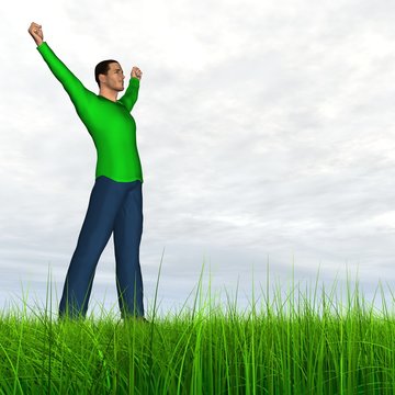 High resolution conceptual 3D human jumping happy in grass