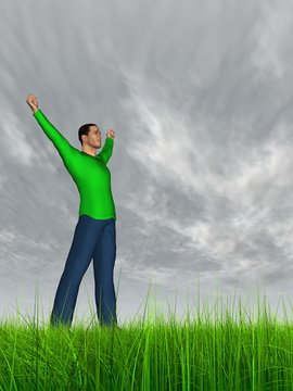 High resolution conceptual 3D human jumping happy in grass