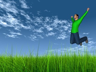 High resolution conceptual 3D human jumping happy in grass