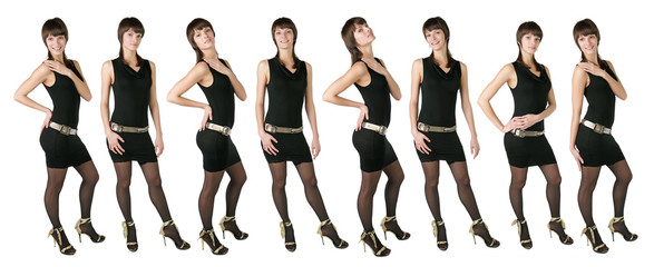 Girls in a black dress pose on a white background