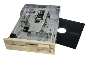 Floppy disk drive 5,25 inches and diskette near to it