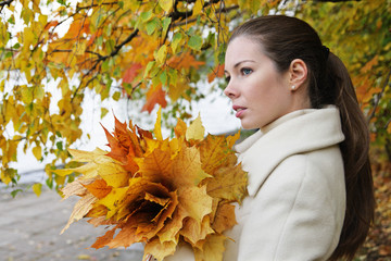 Portrait of the girl with autumn leaves