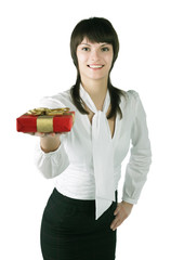 The girl stretches a red box, isolated on white background