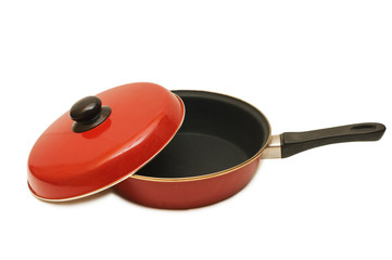 Red frying pan isolated on white background