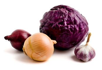 heads of red cabbage, red and yellow onions,  garlic