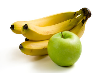 juicy green apple and ripe yellow bananas