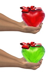 High resolution red and green 3D hearts held in hands