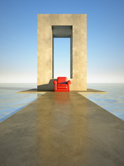 Red seat on sea
