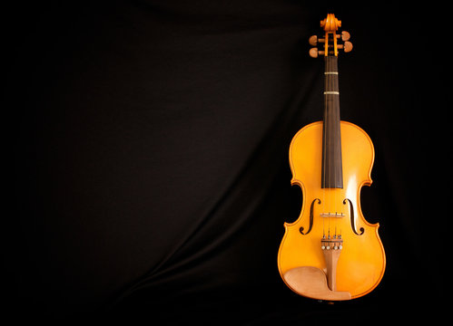 full length violin leaning on black