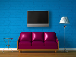 Purple couch, table  and standard lamp with LCD TV - obrazy, fototapety, plakaty