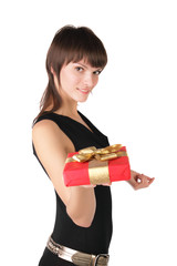 The girl stretches a red box, isolated on white background
