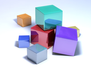 Some multicolored cubes on a white floor.