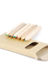 Colour pencils and pencil case on white