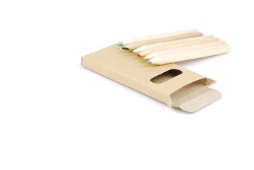 Colour pencils and pencil case on white