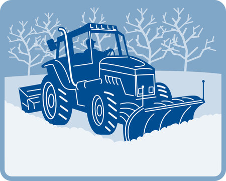 Snow plow tractor plowing winter scene