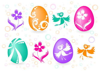 Four easter eggs with birds, flowers, bubbles