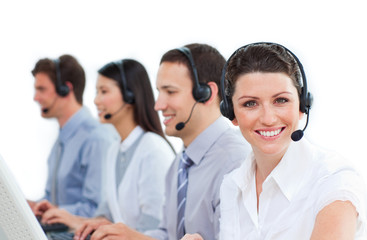 Multi-ethnic business team talking on headset