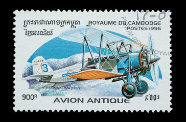 mail stamp printed in Cambodia featuring the Stearman C-3MB