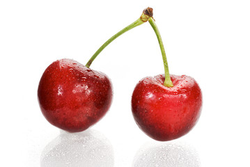Pair of cherries with stems isolated on white background