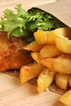 Fish And Chips With Some Organic Salad