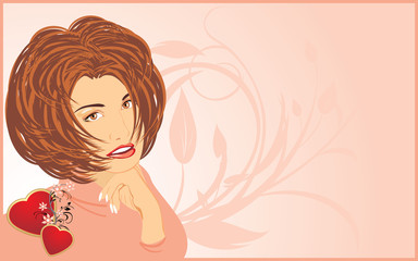 Portrait of woman with floral ornament and hearts. Card