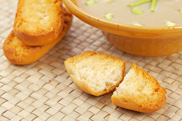 Cream of mushroom soup and bread croutons